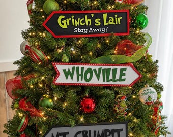 Grinch Directional Signs: Christmas Decor, Whoville, Mt. Crumpet, Grinch's Lair, Wooden Signs, Grinchmas Decorations