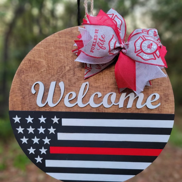 Welcome Door Hanger, Red Line Door Hanger, Red Line Flag Sign, Front Door Decor, Wreath, Firefighter Door Hanger