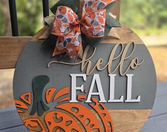 Hello Fall Pumpkin Door Hanger: Rustic Farmhouse Wood Sign, Animal Print Pumpkin Decor