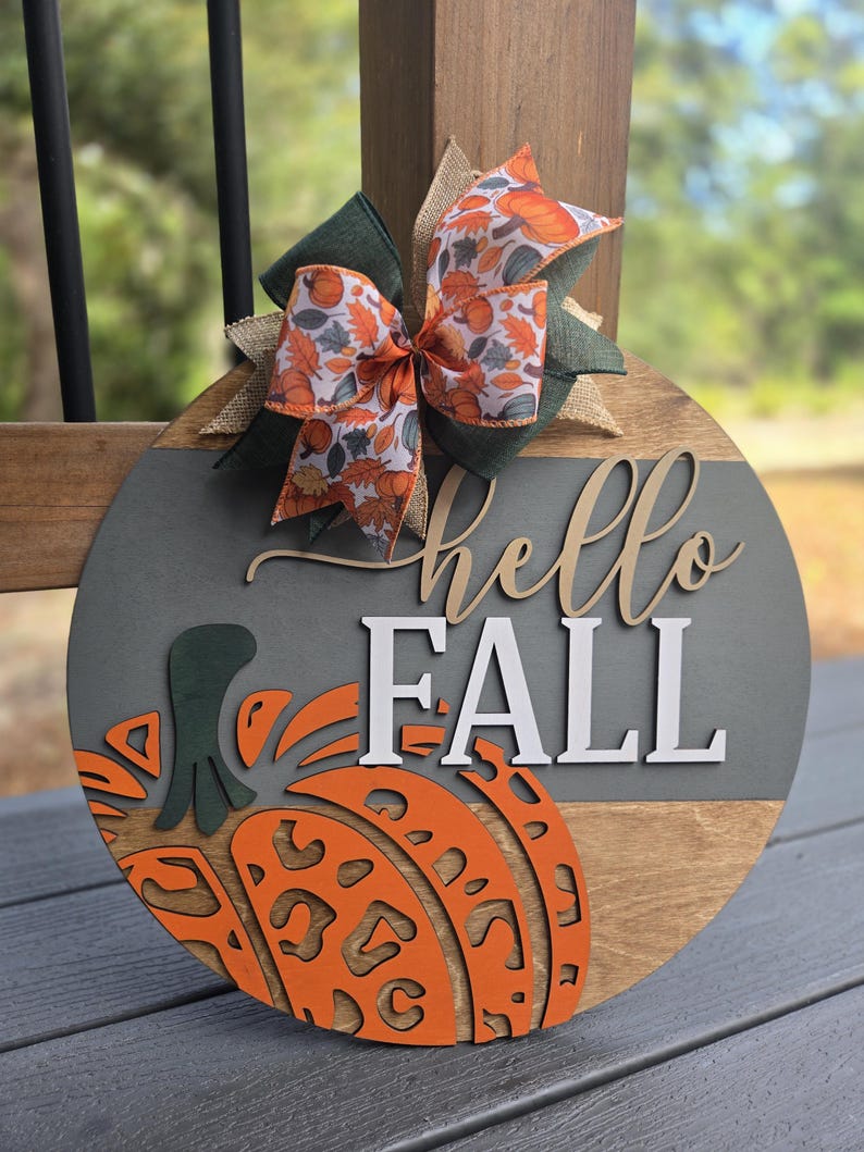 Hello Fall Door Hanger with Pumpkin – Autumn Front Door Sign – Rustic Fall Porch Decor – Farmhouse Welcome Wreath – Thanksgiving Decor image 1