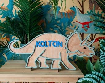 Personalized Dinosaur Triceratops Wooden Sign for Kids Room, Custom Name Nursery Decor, Playroom Decor, Teacher Gift, Classroom Decor