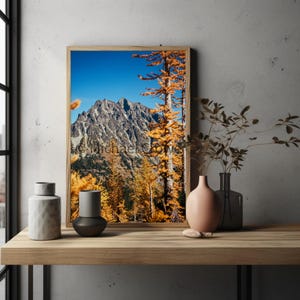 May include: A framed photograph of a mountain range with golden trees in the foreground. The mountain peaks are snow-capped and the sky is blue.