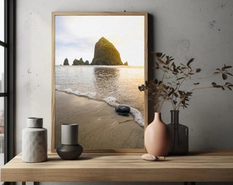 May include: A framed photograph of a rocky island in the ocean. The island is green and the water is blue. The sand is white and there is a single rock in the foreground.