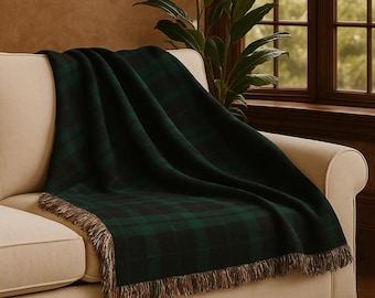 Black Watch Tartan Plaid Woven Blanket, Green Navy Fringe | Scottish Plaid Throw