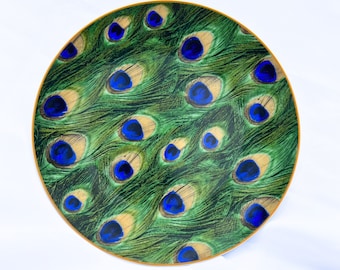 Hand Painted-Serving Plate-Wall Plates -Peacock Feather-Host Gift-Gift for Birthday -Hanging Plates-Custom Plates-Party Trays-Salad Plate