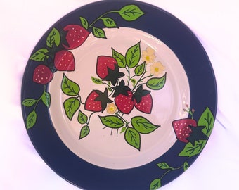 Hand Painted Serving Plate-Wall Plates-Spring Decor -Gift For Mom-Gift For Grandma - Gift For Her-Fruit Plate- Strawberry Vine- Wild Flowers