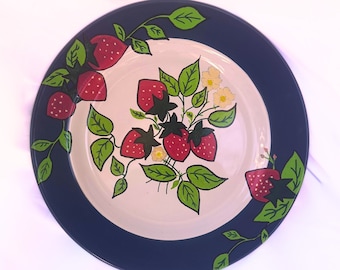 Hand Painted Serving Plate-Wall Plates-Spring Decor -Gift For Mom-Gift For Grandma - Gift For Her-Fruit Plate- Strawberry Vine- Wild Flowers