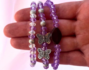 3 Piece Set- Beaded Bracelets- Butterfly Bracelets-Purple Bracelets-Layering Jewelry-Friendship Bracelets-Handmade Jewelry-Gift For Daughter