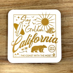 California Coasters with cork backing - Stay Golden, with California bear and surf boards