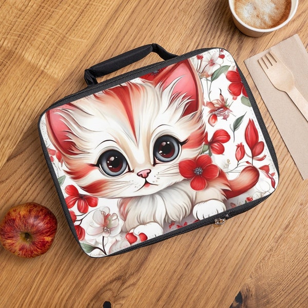 Cute Cat White Kitten Insulated Lunch Box Kid Gift, Birthday Cat Lover Floral Lunch Bag Gift, Gifts For Cat Lovers, Back To School Kids Gift
