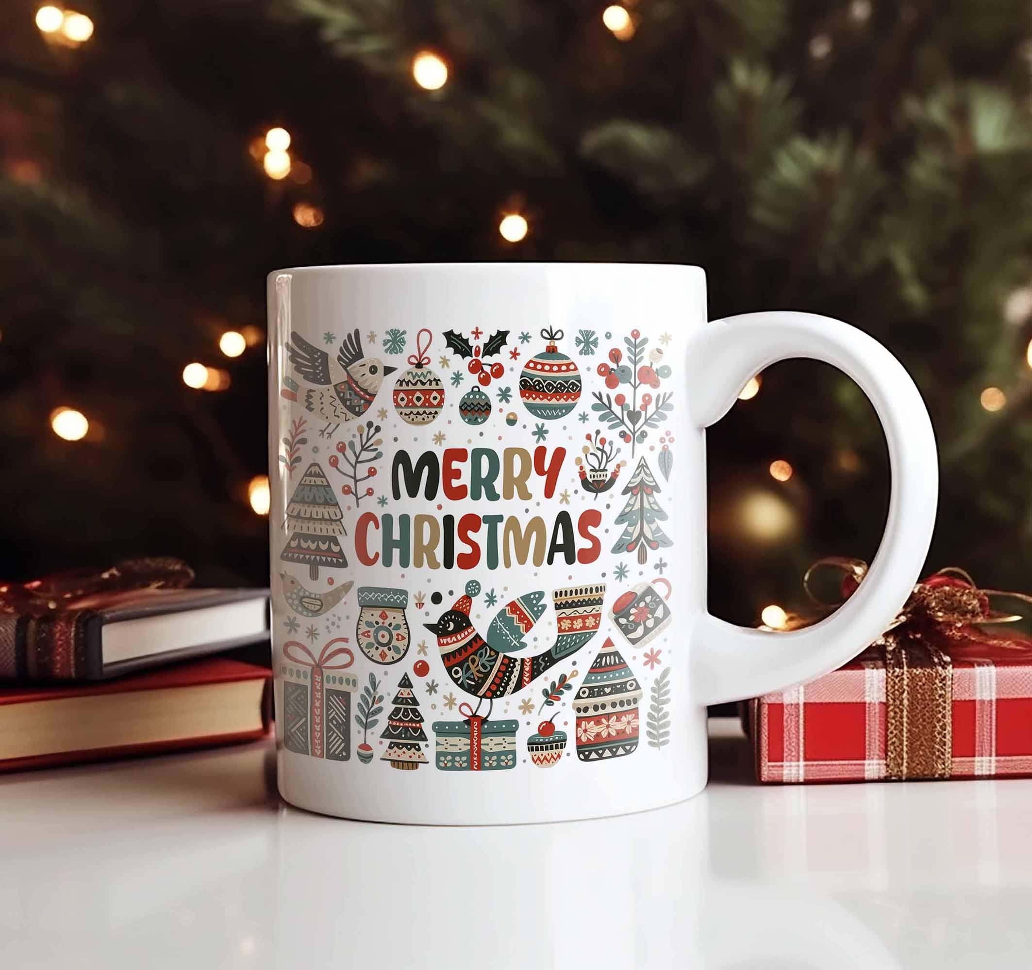 Mug Céramique Merry Christmas Pere Noel Traineau Peinture Vintage Retro