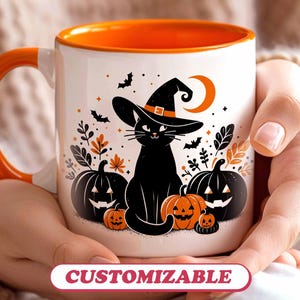 Gepersonaliseerde kattenmok Halloween-cadeau, zwarte kat Witchy-mok, kattenliefhebber mok, aangepaste mok verjaardagscadeau, pompoenmok cadeau, cadeau liefhebbers koffie thee
