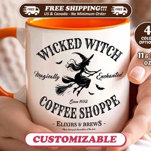 Personalized Witch Coffee Mug, Halloween Wiccan Gift, Custom Wicked Witch Coffee Shoppe Mug, Spooky Apothecary Brew Cup