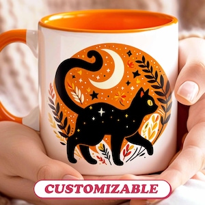 Gepersonaliseerde Cat Cup Halloween-cadeau, Black Cat Witchy-mok, kattenliefhebber mok, aangepaste mok verjaardagscadeau, pompoenmok cadeau, koffie thee liefhebbers cadeau