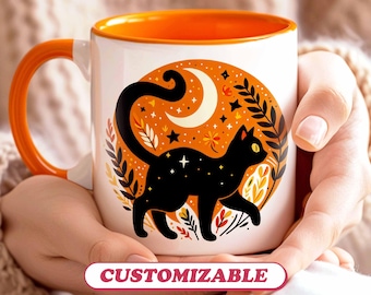 Personalized Cat Cup Halloween Gift, Black Cat Witchy Mug, Cat Lover Mug, Custom Mug Birthday Gift, Pumpkin Mug Gift, Coffee Tea Lovers Gift