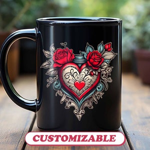 Custom Mug Heart & Roses Floral Vintage Tattoo Personal Gift for Birthday Valentines, Mothers Day Rockabilly American Traditional Edgy Style