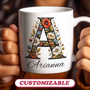 Custom Mug Initial Letter "A" Personalized Monogram Name Birthday Gift, Tea Coffee Lover Boho Cup Gift Customizable Floral Alphabet Name Mug