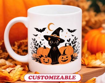 Halloween Cat Mug Personalized Gift, Black Cat Witchy Mug, Cat Lover Mug, Custom Mug Birthday Gift, Pumpkin Mug Gift, Coffee Tea Lovers Gift