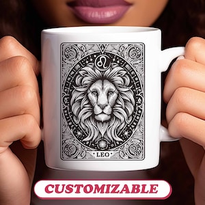 Mug personnalisé Lion zodiaque, tasse cadeau d'anniversaire personnalisé, lecture de cartes de tarot, horoscope astrologie magie mystère occulte, cadeau café thé amateur