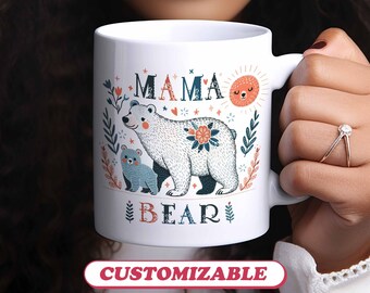 Custom Mama Bear Mug, Personalized Floral Design Gift for Mom, New Mom Mother's Day Coffee Cup, Best Mom Ever Gift