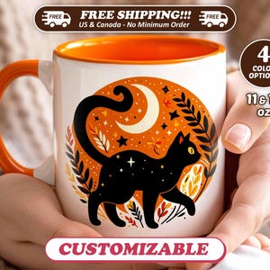 Personalized Halloween Cat Mug, Custom Witchy Black Cat Coffee Cup, Spooky Gift for Cat Lovers, 11oz 15oz Ceramic Mug