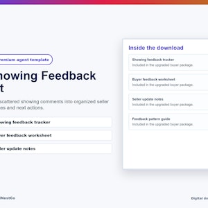 Puede incluir: Una descarga digital titulada "Showing Feedback Kit" con un diseño azul, morado y blanco. El kit incluye un rastreador de comentarios, una hoja de trabajo y notas de actualización del vendedor. La descarga también incluye una guía de patrones de comentarios.