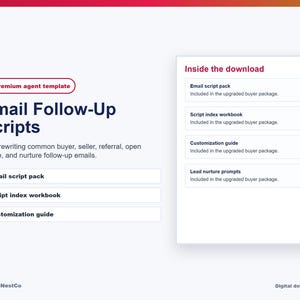 Könnte beinhalten: Grafik für einen digitalen Download mit dem Titel "Email Follow-Up Scripts". Das Bild enthält eine Liste der enthaltenen Elemente: E-Mail-Skriptpaket, Skriptindex-Arbeitsmappe und Anpassungsleitfaden. Der Text erwähnt auch "Lead-Nurture-Prompts".