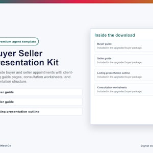 Könnte beinhalten: Ein digitaler Download mit dem Titel "Buyer Seller Presentation Kit" mit einem grünen Akzent. Das Kit enthält einen Käuferleitfaden, einen Verkäuferleitfaden, eine Präsentationsübersicht und Beratungsarbeitsblätter. Der Download stammt von UsefulNestCo.