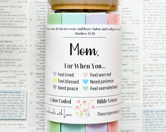 Frasco con versículos bíblicos para mamá, regalo para mamá cristiana, frascos para sentir emociones, versículos bíblicos afirmativos cristianos, versículo afirmativo, código de colores