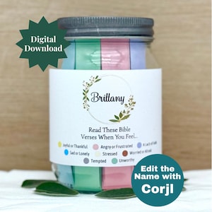 May include: A glass jar with a metal lid, filled with colourful paper strips. The jar has a label with the name "Brittany" and the text "Read These Bible Verses When You Feel..." with colour-coded emotions. A digital download graphic is in the upper left.