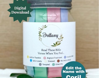 Frasco con versículos bíblicos, kit para frasco con escrituras, imprimible y editable, regalo cristiano, regalo de Navidad, descarga digital instantánea, personalizado, PDF