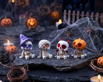 Halloween Miniature Skeleton Figurines Spooky Dollhouse Decor Tiny Pumpkin Witch Demon Mummy Skeletons