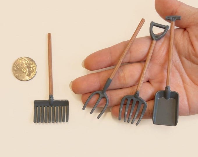 Miniature Garden Tools Set of 4, Dollhouse Tiny Shovel & Rake, Greenhouse Diorama Supply