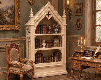 Miniature Bookshelf for Dollhouse Library Diorama Furniture, Mini Gothic Arch Bookcase 1:12 PLA