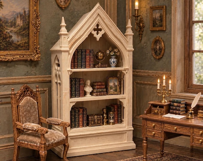 Miniature Bookshelf for Dollhouse Library Diorama Furniture, Mini Gothic Arch Bookcase 1:12 PLA