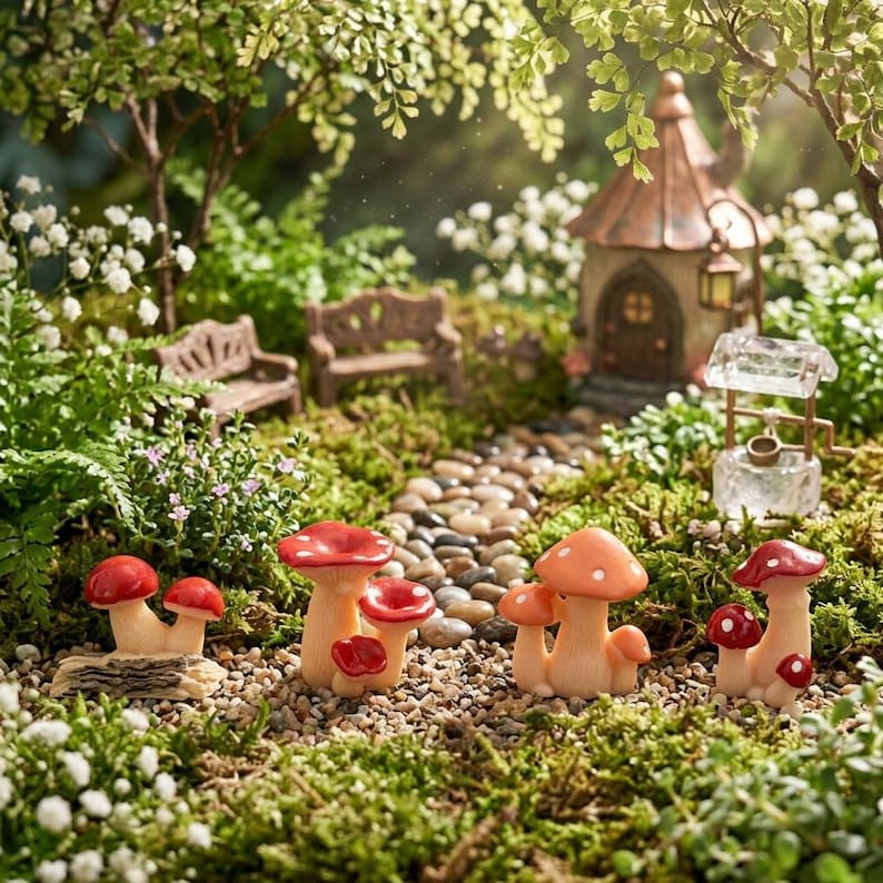 May include: A collection of miniature decorative mushroom figurines with red caps and white spots, arranged on a pebble path in a garden setting. The set includes several clusters of mushrooms, a small house, two benches, and a clear wishing well.