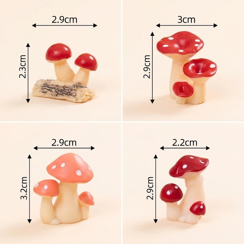 May include: Four miniature mushroom figurines with red and white caps and cream-colored stems. The first measures 2.9 cm by 2.3 cm, the second 3 cm by 2.9 cm, the third 2.9 cm by 3.2 cm, and the fourth 2.2 cm by 2.9 cm, as indicated by labels.