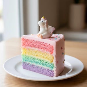Könnte beinhalten: Ein Stück Regenbogenkuchen mit rosa Zuckerguss und einer weißen Einhornfigur. Der Kuchen, auf einem weißen Teller, hat Schichten aus Rosa, Gelb, Grün und Lila. Er ist mit bunten Streuseln verziert.