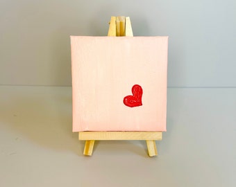 Acrylic Painting on Mini Canvas Heart Love Gift For Her Handmade Gift For Wife Mini Canvas On Easel Miniature Heart Canvas Acrylic Painting