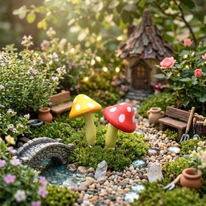 May include: A miniature garden scene featuring a yellow mushroom and a red mushroom with white spots, a small stone bridge over a pebble stream, a wooden bench, a brown clay pot, a miniature house, and small pink flowers in a green mossy setting.