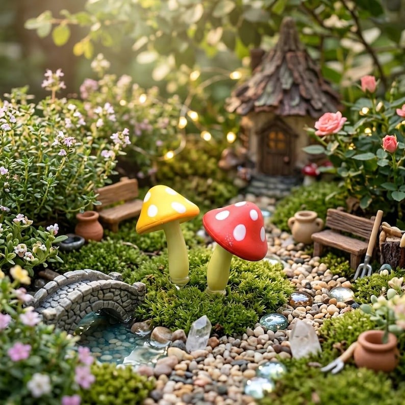 May include: A miniature garden scene featuring a yellow mushroom and a red mushroom with white spots, a small stone bridge over a pebble stream, a wooden bench, a brown clay pot, a miniature house, and small pink flowers in a green mossy setting.