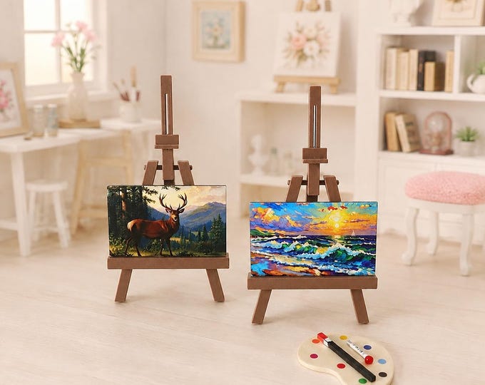 Miniature Easel with Painting & Palette Set, Dollhouse Artist Studio Furniture, Diorama Craft Decor