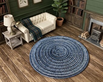 Miniature Woven Straw Round Rug, Dollhouse Deck Patio Mat Decor, Boho Blue Floor Covering