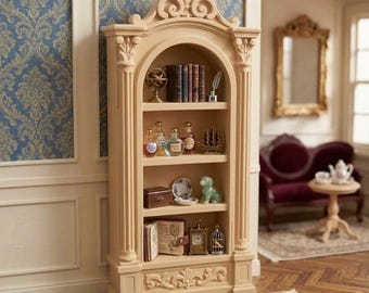 Dollhouse Bookcase, Retro European Arch Miniature Bookshelf, Mini Shelf Decor, 3D Diorama Library Furniture