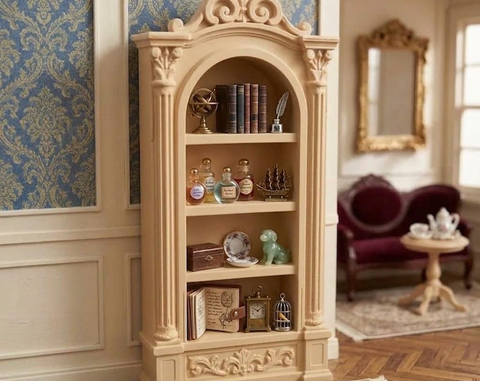 Dollhouse Bookcase, Retro European Arch Miniature Bookshelf, Mini Shelf Decor, 3D Diorama Library Furniture