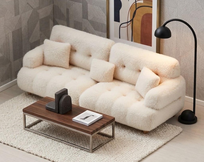 Miniature White Dollhouse Sofa, Tiny Beige Flocked Modern Couch, Doll house Living Room Furniture