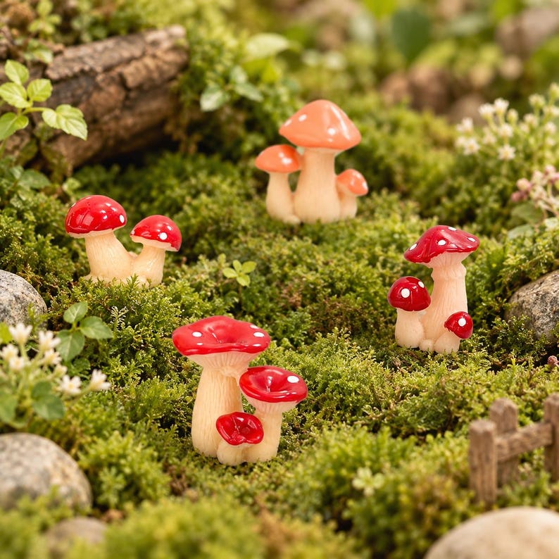 May include: A collection of miniature mushroom figurines featuring clusters of red and orange caps with white spots on light beige stems. The set includes four distinct groupings of fungi arranged across a textured green mossy surface.