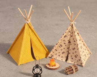 Miniature Camping Tent Teepee Set with Campfire Lantern Firewood Logs, Dollhouse Outdoor Glamping Diorama