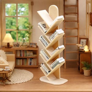 May include: A light-colored, tree-shaped wooden bookshelf with multiple angled shelves. The unit holds several miniature books with visible text including 'A SMILE IN THE MIND', 'Helvetica Neue', and '1000' on their spines, arranged in a zigzag pattern.