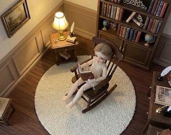 Dollhouse Round Rug, Miniature Low-Pile Mat for Doll House, Mini White Fluffy Carpet